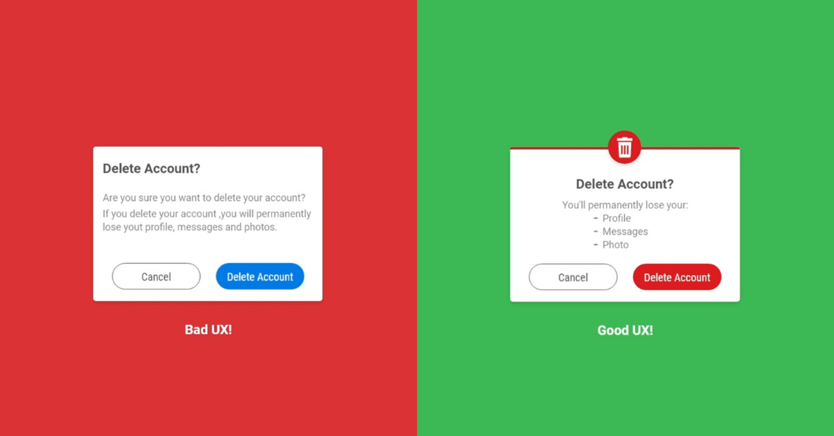 Comparison of bad (left) and good (right) UX