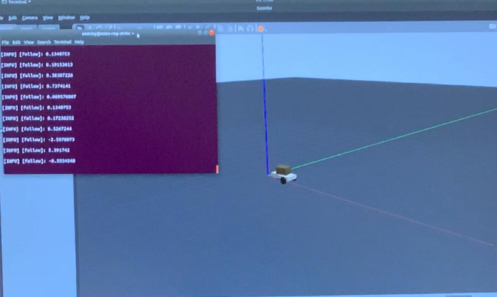 This image shows the robot on Gazebo being controlled by the velocity values (on the terminal)